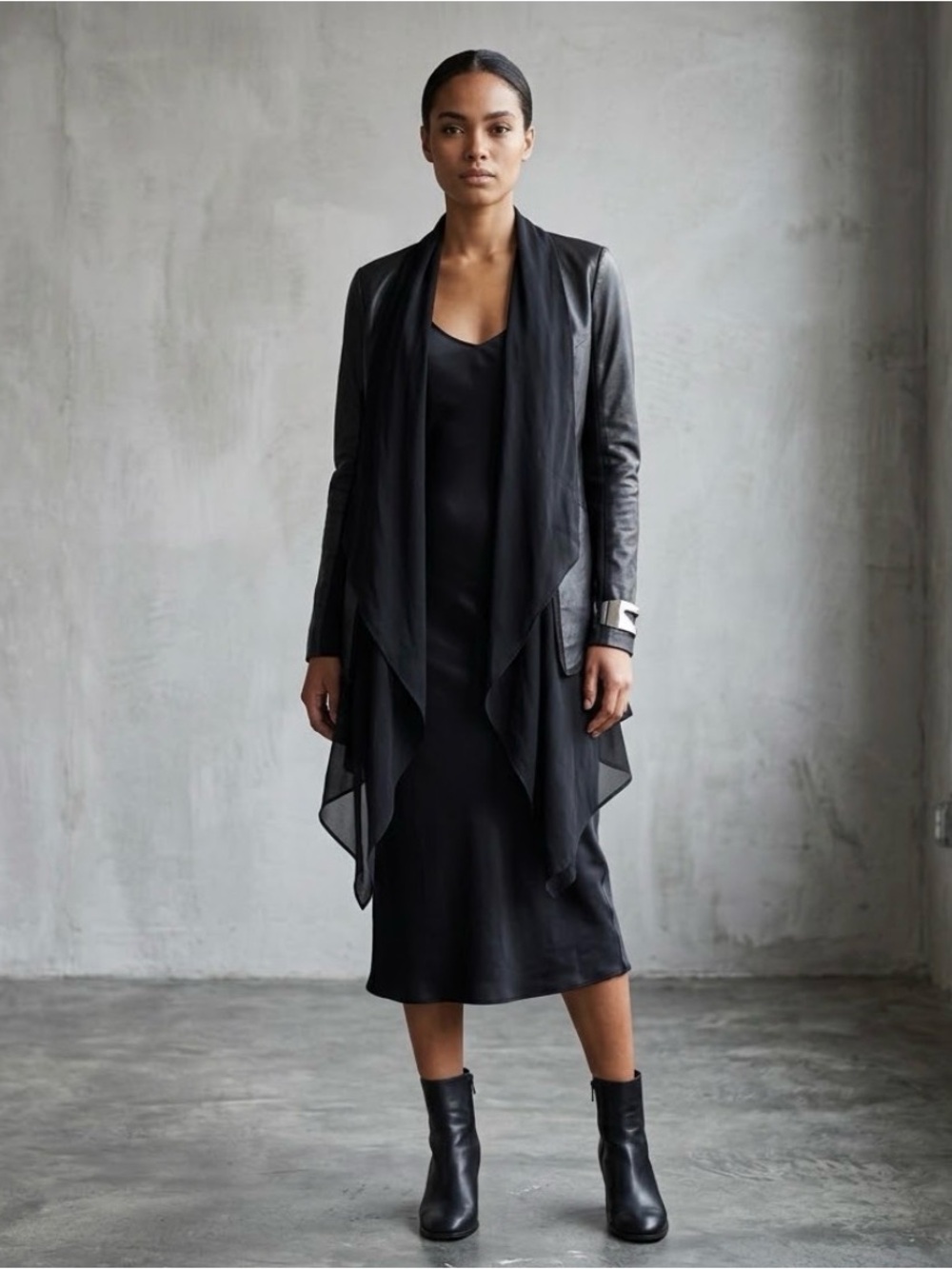 Retail $395 Rudsak Andy Leather Sheer Wrap Jacket Open Front Long Sleeve Medium